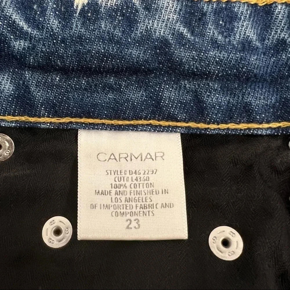 CARMAR Distressed Mini Jean Skirt Size 23 Raw hem 100% Cotton y2k Blue Denim